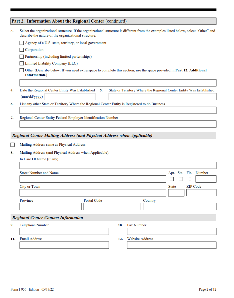 I-956 Form - Application for Regional Center Designation Page 2