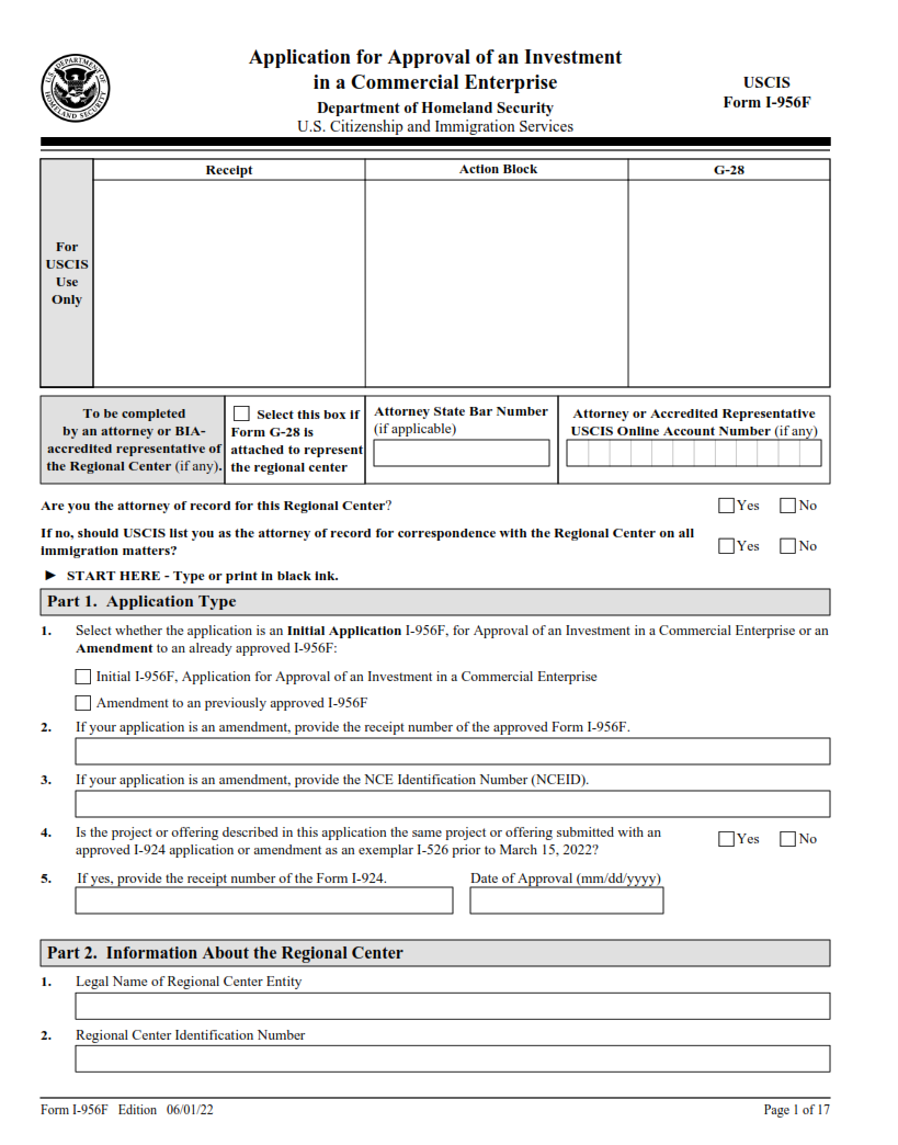 I-956F Form - Application for Approval of an Investment in a Commercial Enterprise Page 1