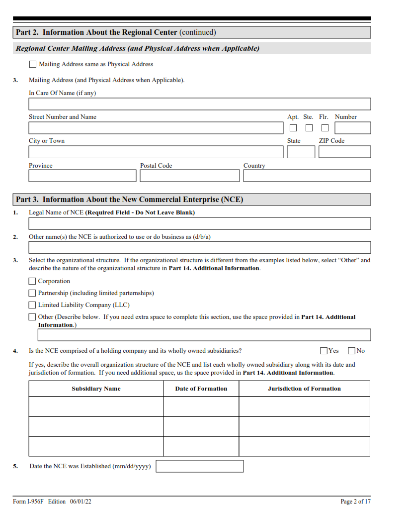 I-956F Form - Application for Approval of an Investment in a Commercial Enterprise Page 2