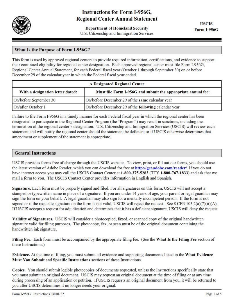 I-956G Form - Regional Center Annual Statement Page 1