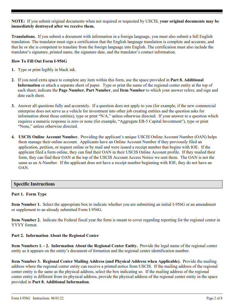 I-956G Form - Regional Center Annual Statement Page 2