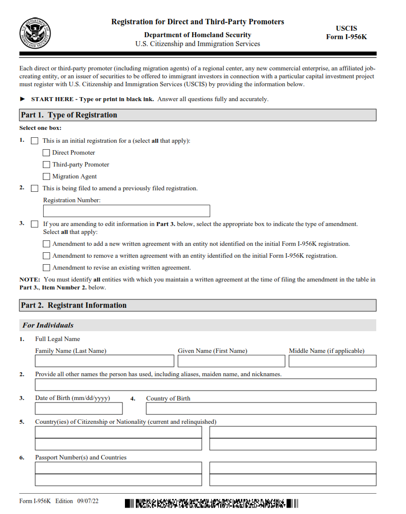 I-956K Form - Registration for Direct and Third-Party Promoters Page 1