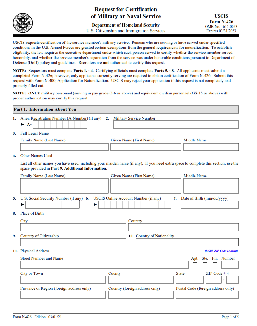 N-426 Form - Request for Certification of Military or Naval Service Page 1
