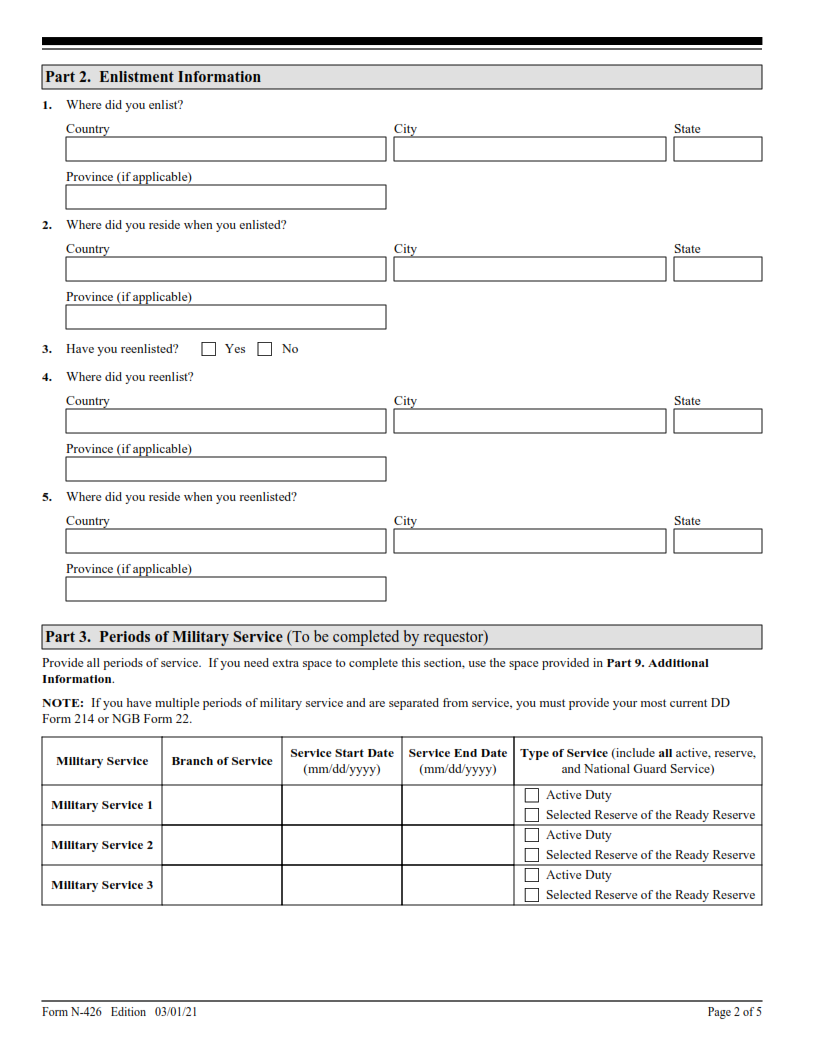 N-426 Form - Request for Certification of Military or Naval Service Page 2