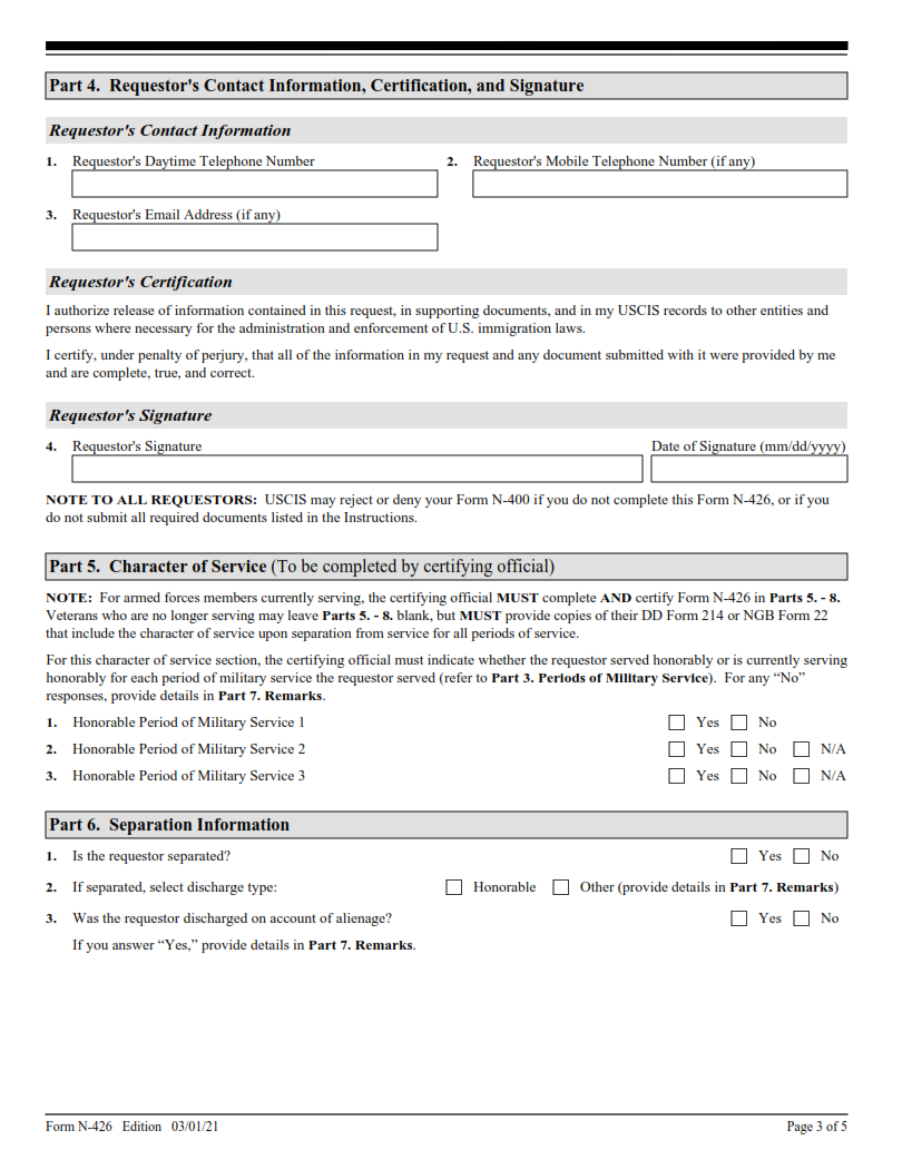 N-426 Form - Request for Certification of Military or Naval Service Page 3