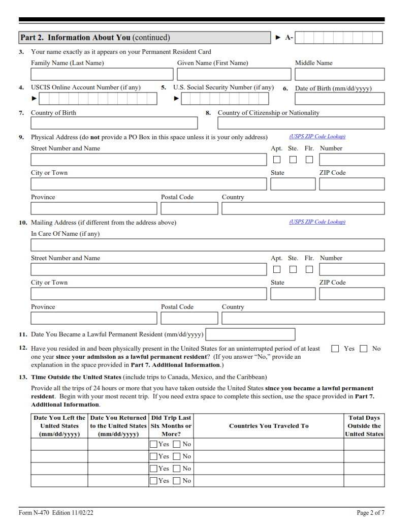N-470 Form - Application to Preserve Residence for Naturalization Purposes Page 2