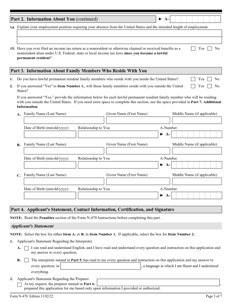 N-470 Form - Application to Preserve Residence for Naturalization Purposes Page 3