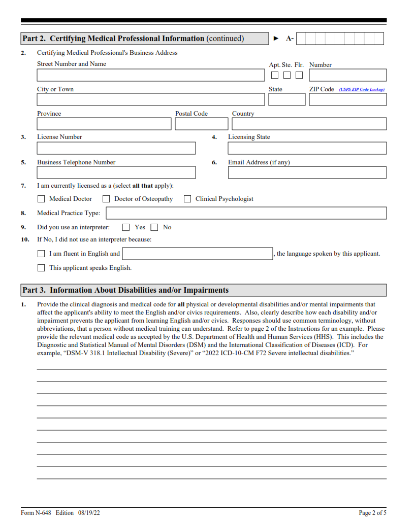 N-648 Form - Medical Certification for Disability Exceptions Page 2