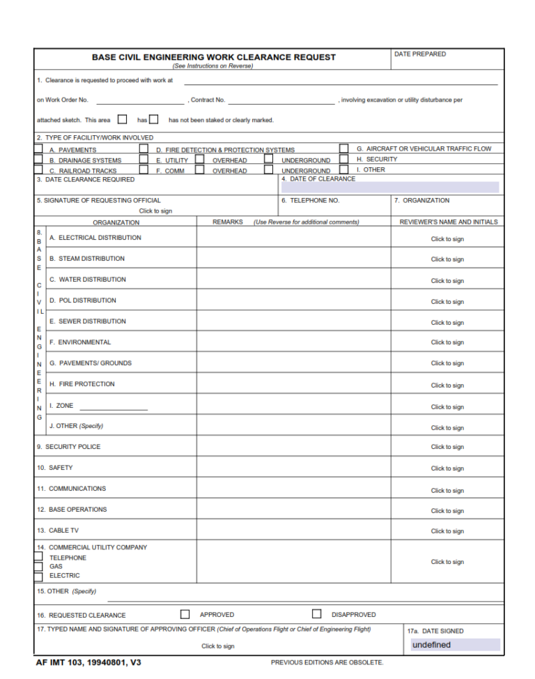 AF Form 103 – Base Civil Engineering Work Clearance Request | Finder Doc