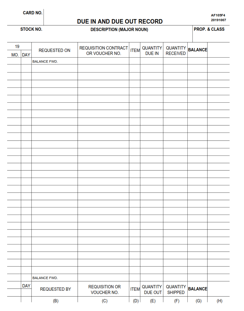 AF Form 105F4 - Due In And Due Out Record