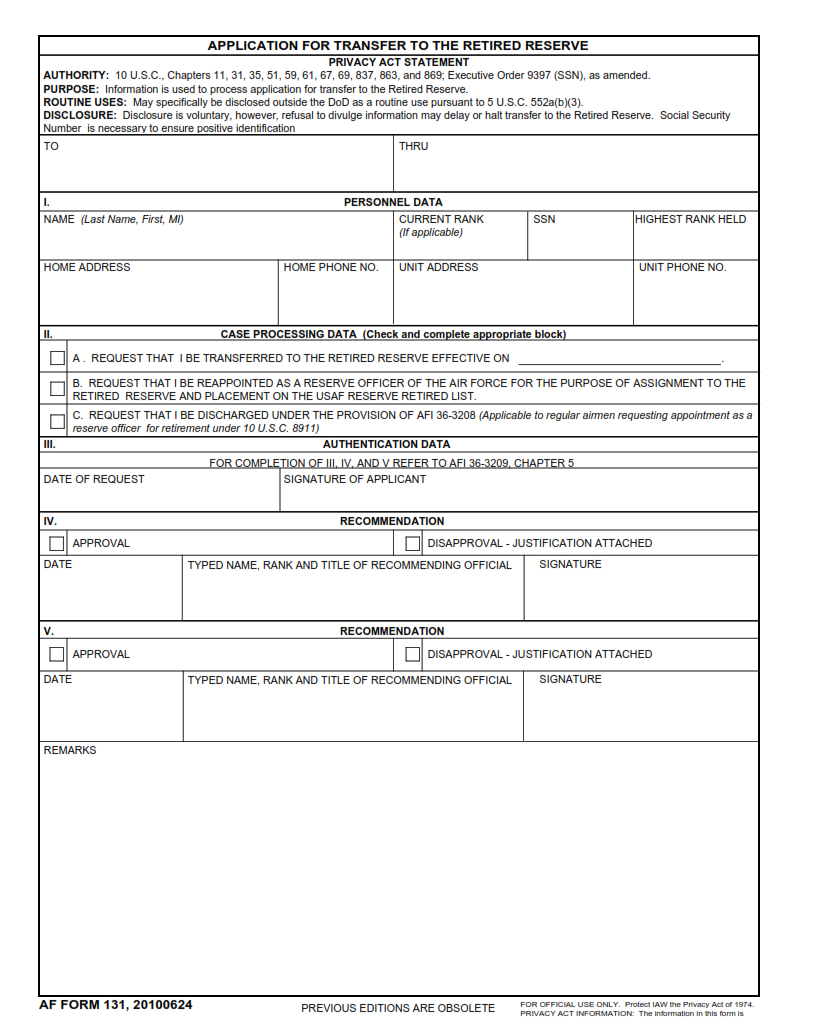 AF Form 131 - Application For Transfer To The Retired Reserve