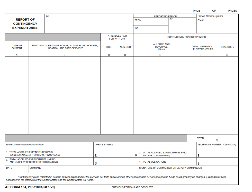 AF Form 134 - Report Of Contingency Expenditures