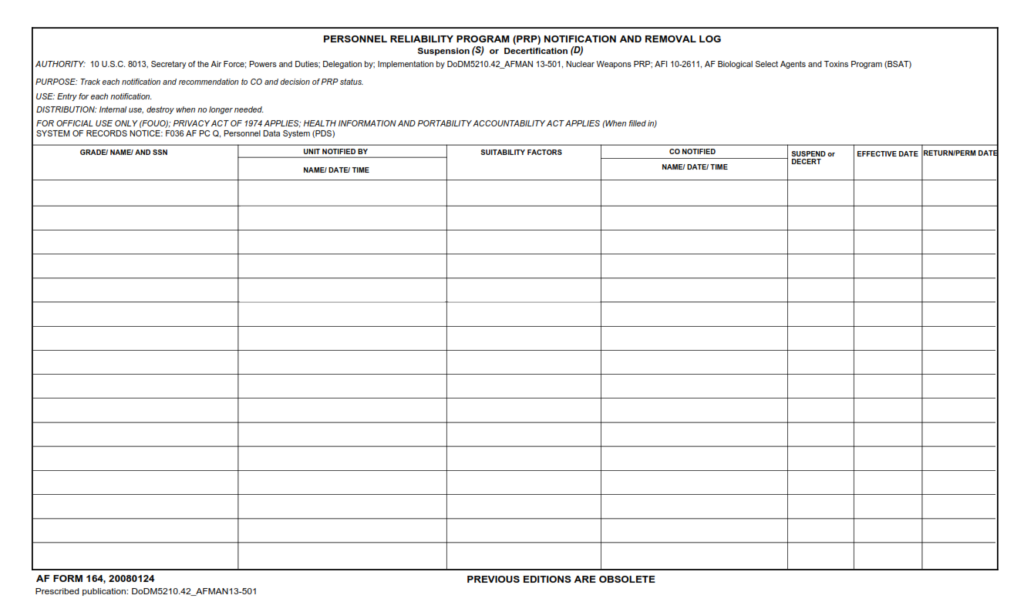 AF Form 164 – Personnel Reliability Program (PRP) Notification And ...