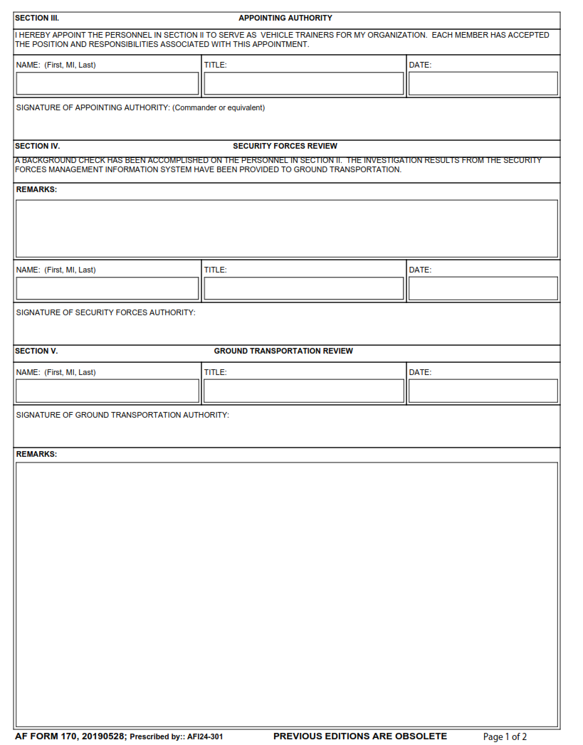 AF Form 170 - Appointment of Vehicle Trainers Page 2