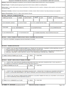AF Form 171 - Request For Driver Training And Addition To U.S. Government Driver's License Page 1