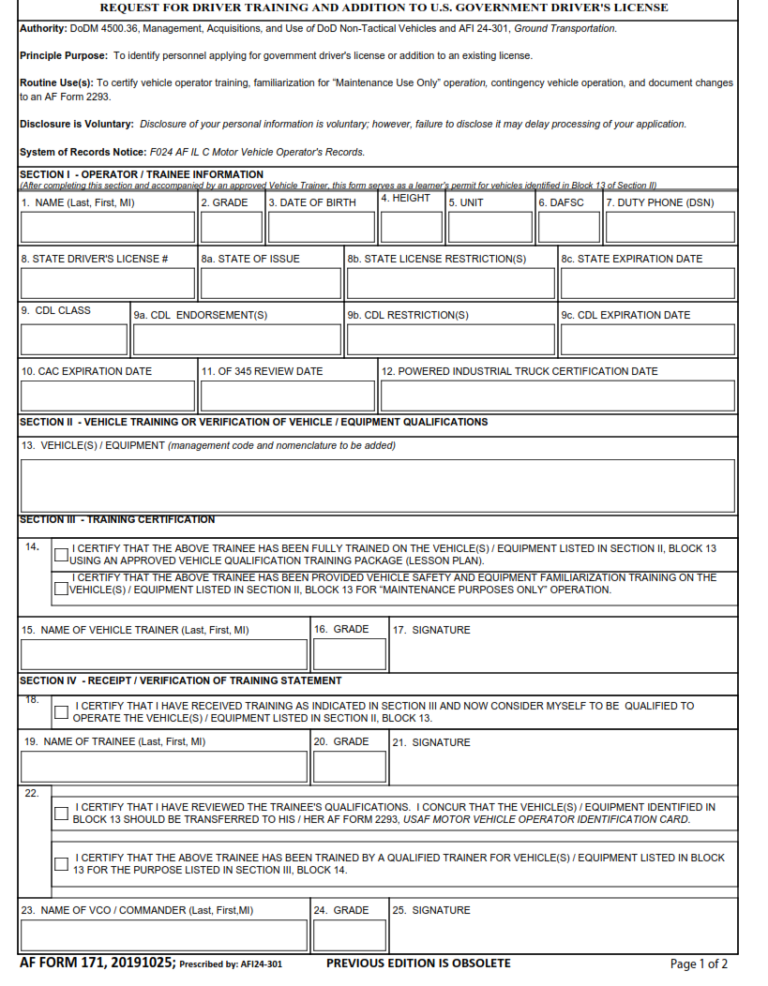 AF Form 171 – Request For Driver Training And Addition To U.S ...