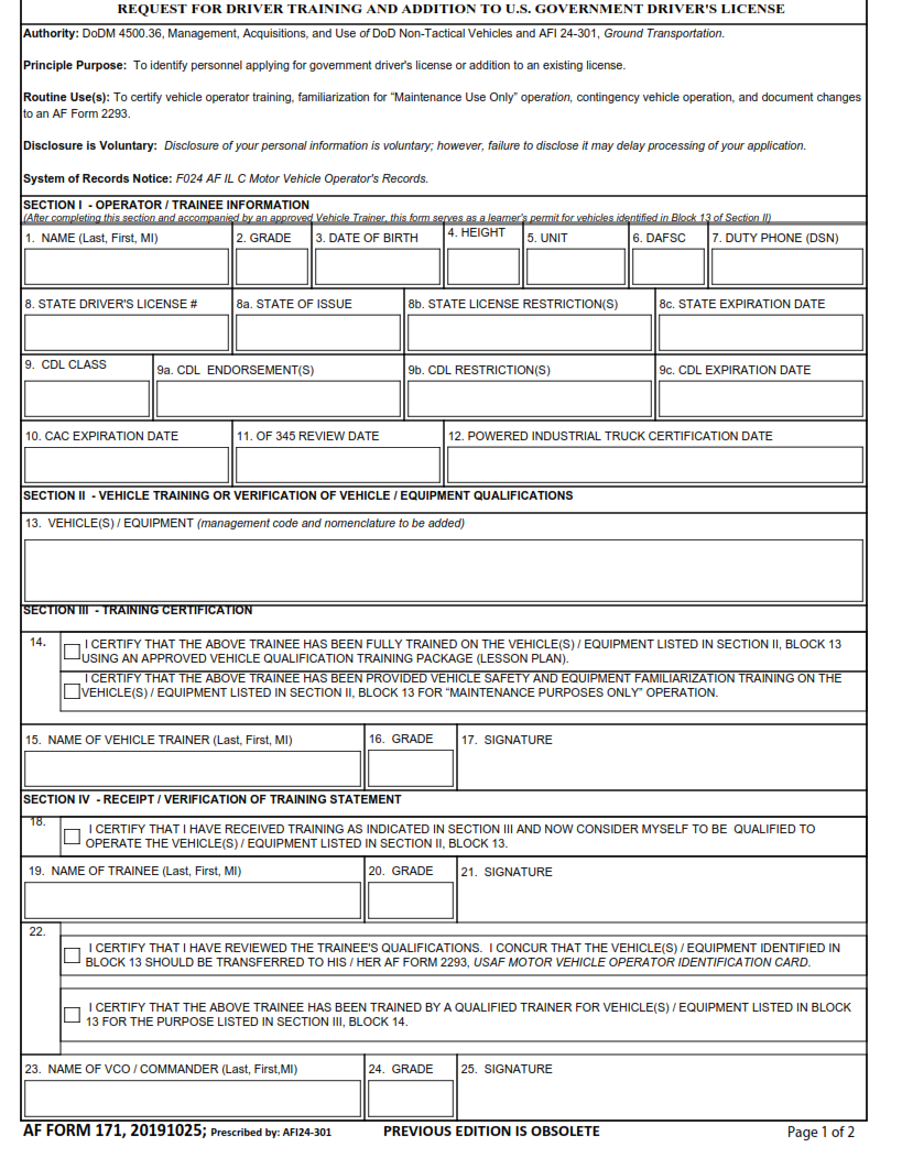 AF Form 171 - Request For Driver Training And Addition To U.S. Government Driver's License Page 1