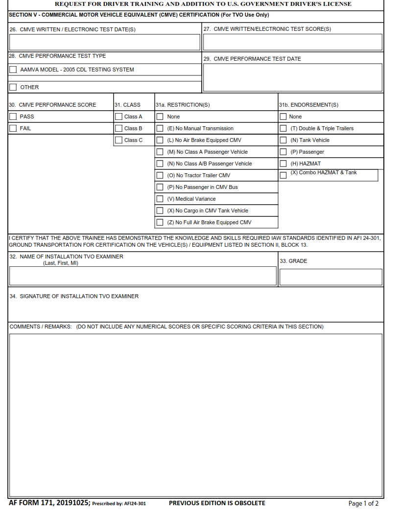 AF Form 171 - Request For Driver Training And Addition To U.S. Government Driver's License Page 2