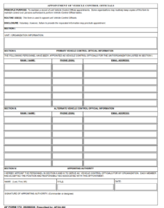 AF Form 172 - Appointment Of Vehicle Control Officials
