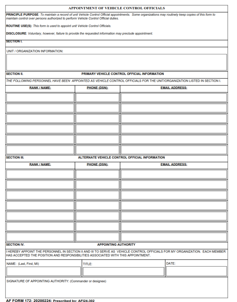 Af Form 172 Appointment Of Vehicle Control Officials Finder Doc