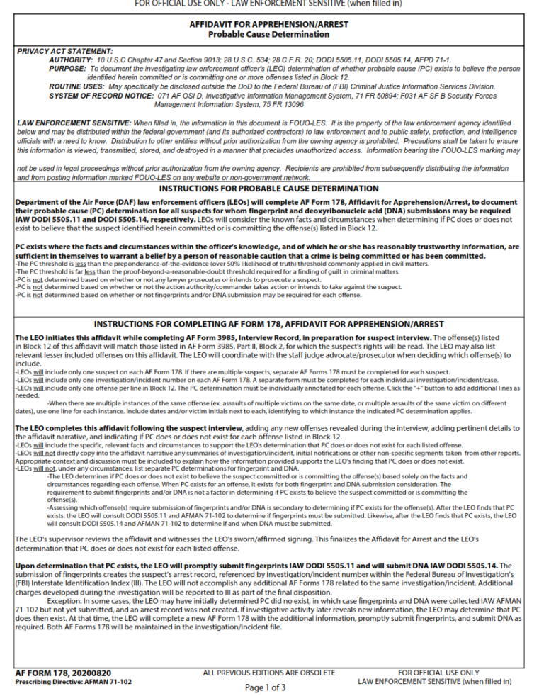 AF Form 178 – Affidavit For Apprehension/Arrest | Finder Doc