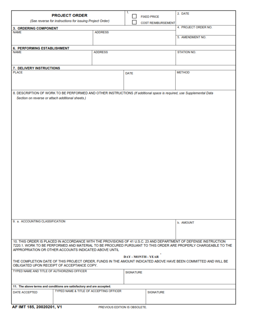 AF Form 185 – Project Order | Finder Doc