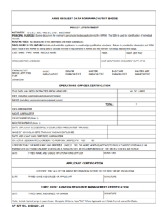 AF Form 196 - Arms Request Data For Parachutist Badge Page 1