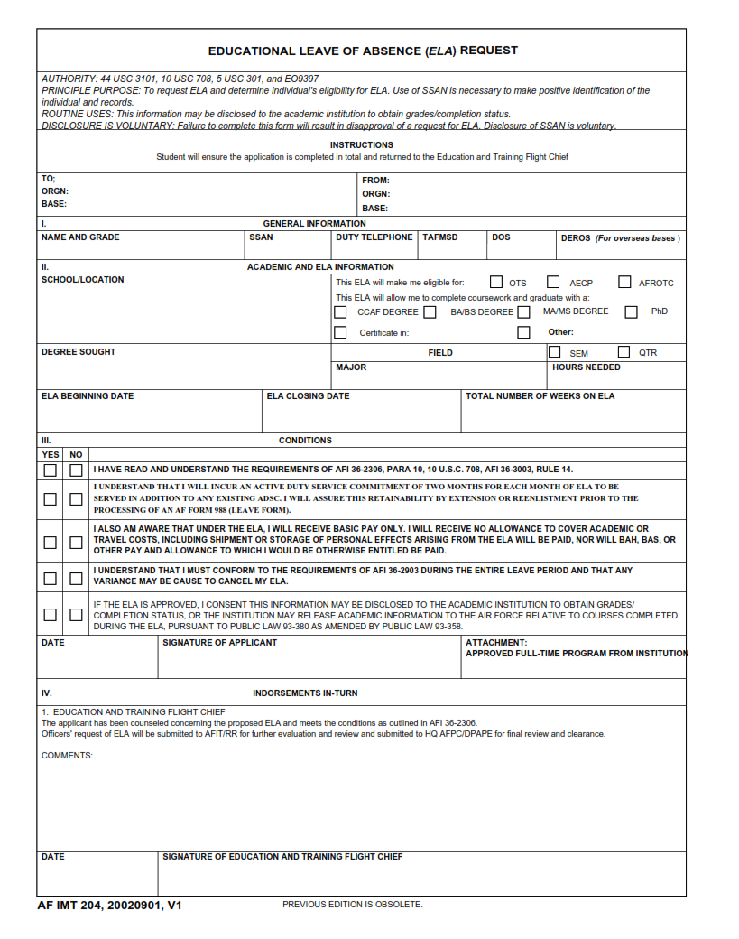 AF Form 204 - Educational Leave Of Absence (ELA) Request Page 1