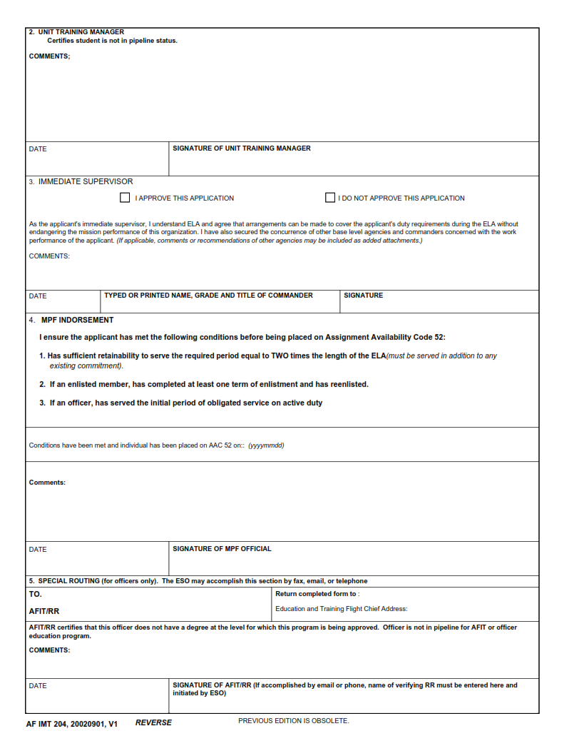 AF Form 204 - Educational Leave Of Absence (ELA) Request Page 2