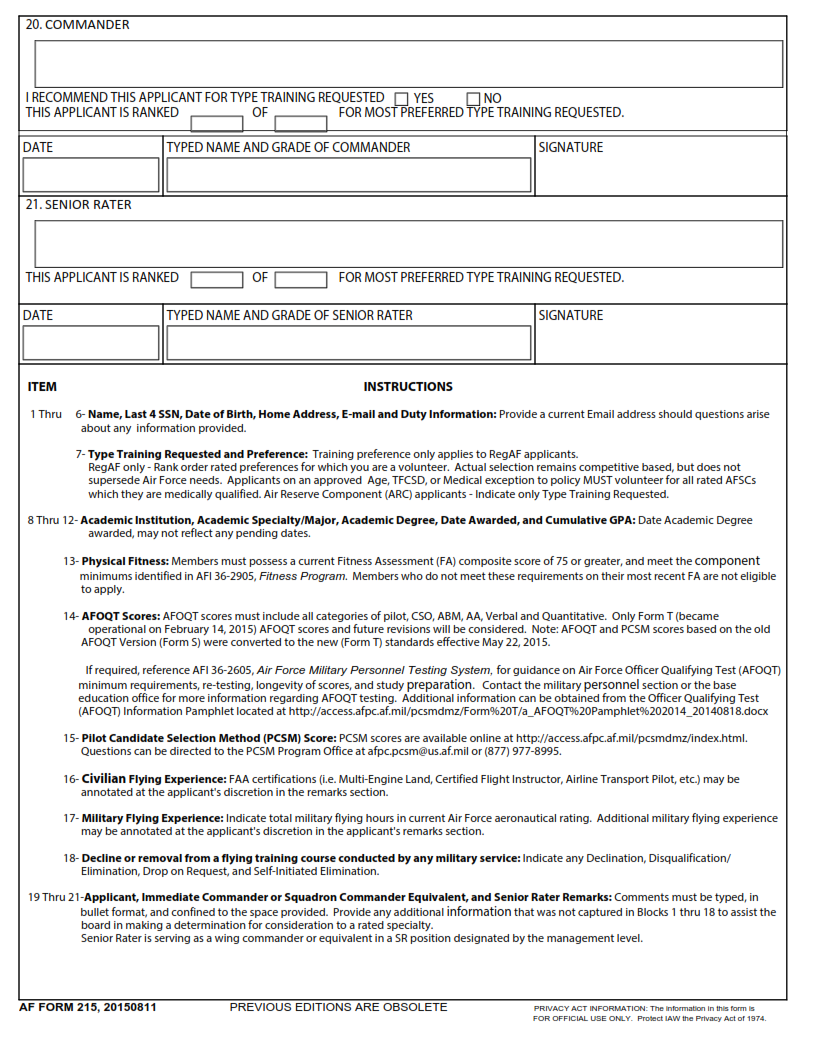 AF Form 215 - Aircrew Training Candidate Data Summary PAge 2