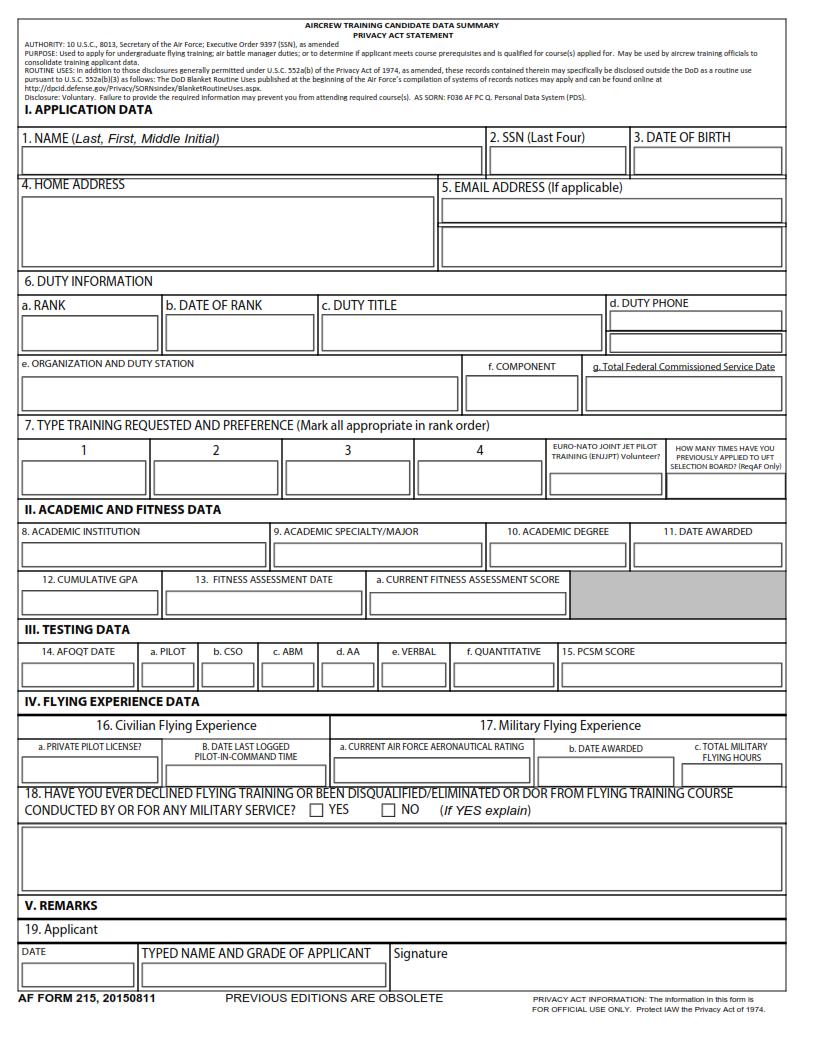AF Form 215 - Aircrew Training Candidate Data Summary Page 1