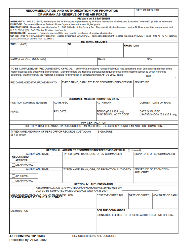 AF Form 224 – Recommendation And Authorization For Promotion Of Airman ...