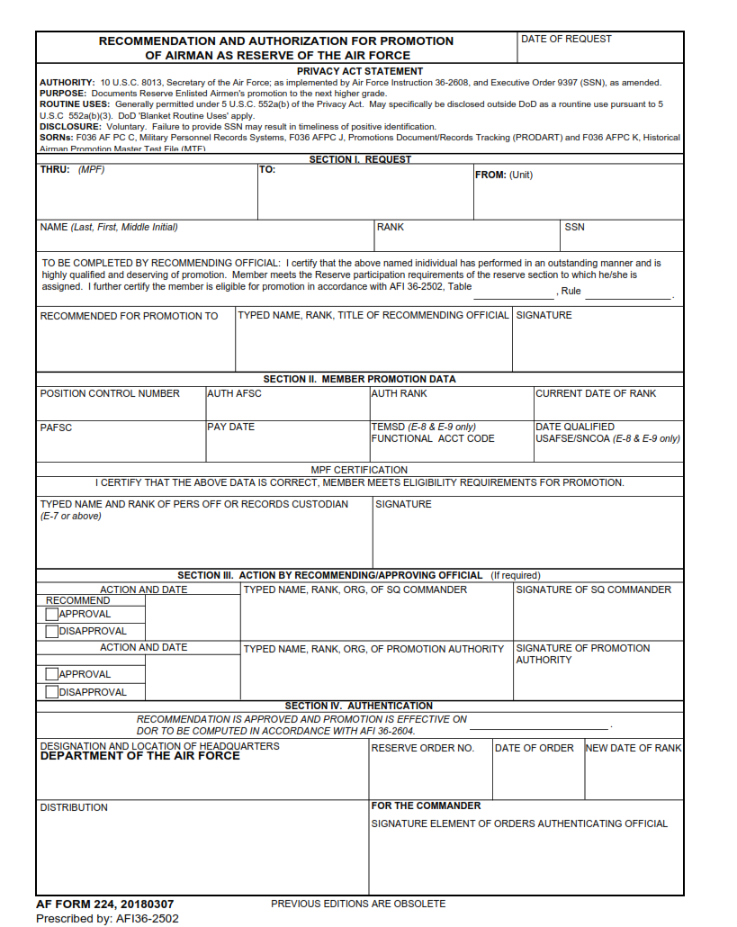 AF Form 224 - Recommendation And Authorization For Promotion Of Airman As Reserve Of The Air Force
