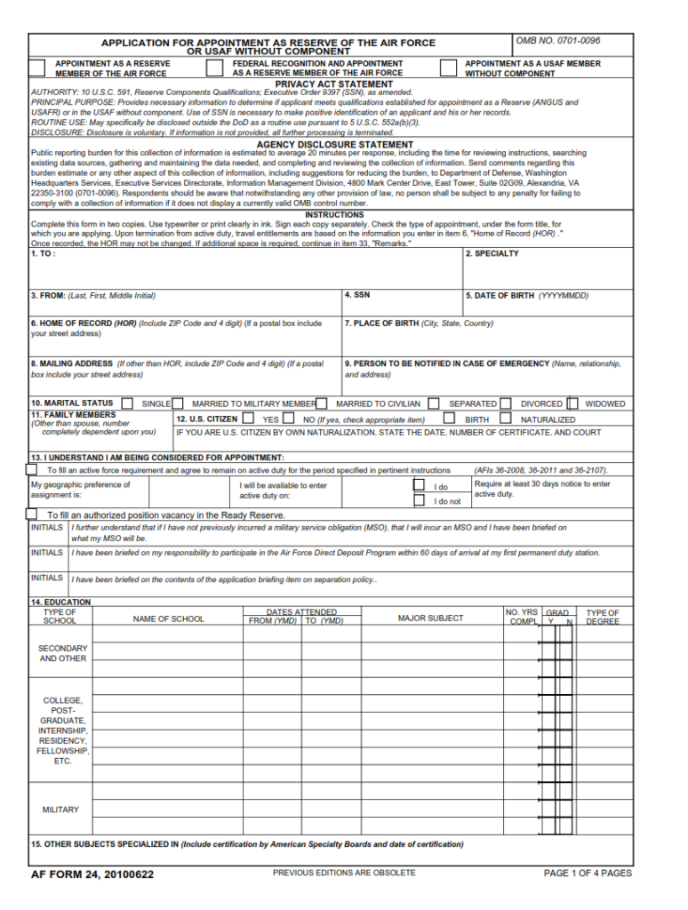 AF Form 24 Application For Appointment As Reserve Of The Air Force Or