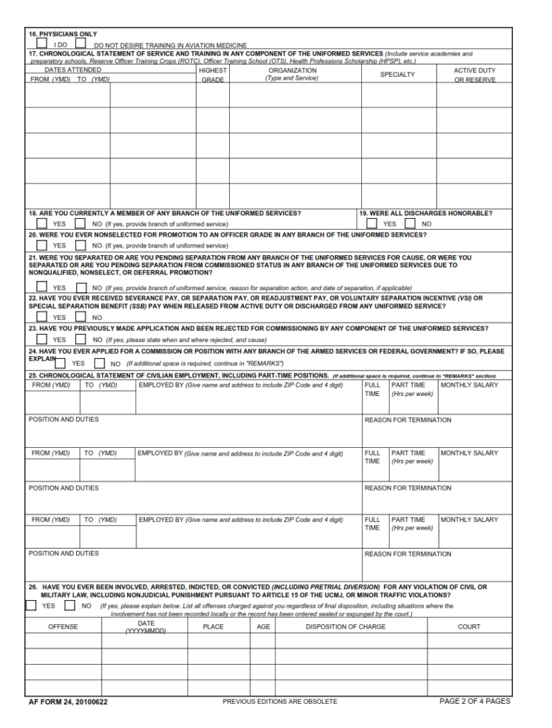 AF Form 24 – Application For Appointment As Reserve Of The Air Force Or ...