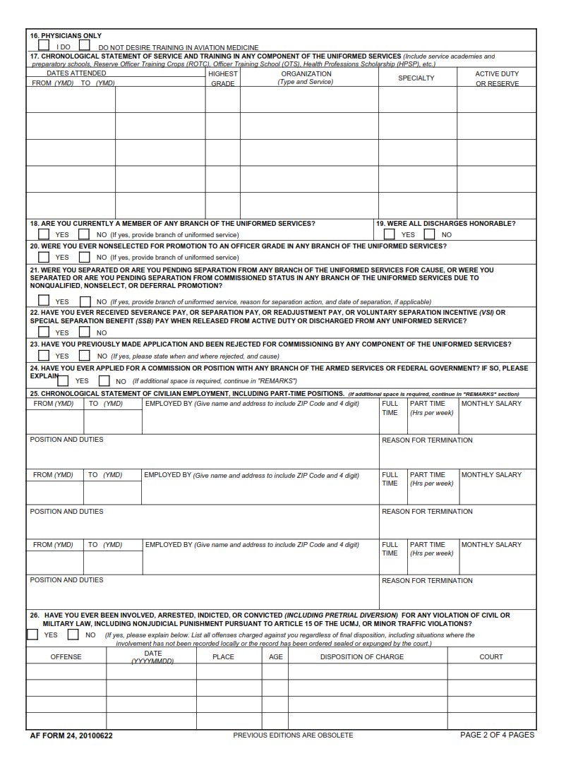AF Form 24 - Application For Appointment As Reserve Of The Air Force Or Usaf Without Component Page 2