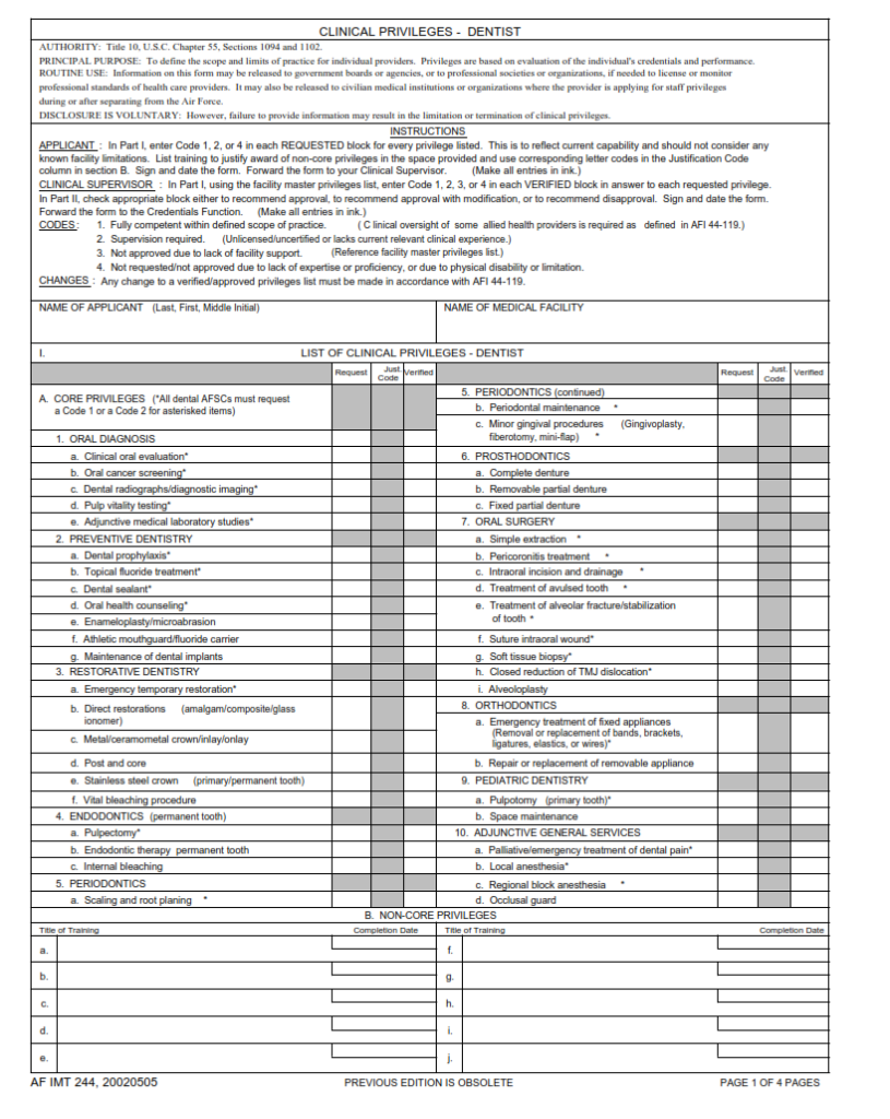 Af Form 244 Clinical Privileges Dentist Finder Doc