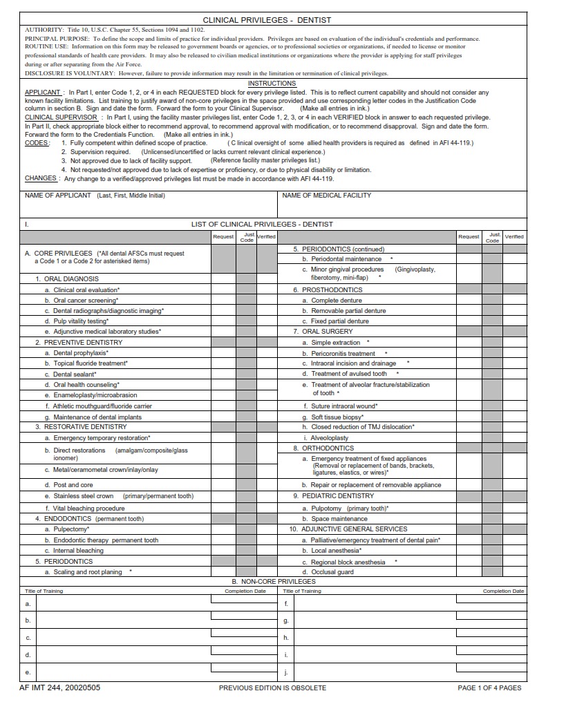 AF Form 244 - Clinical Privileges - Dentist Page 1