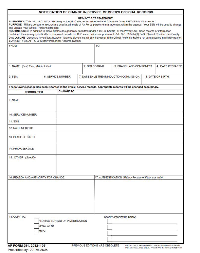 AF Form 281 – Notification Of Change In Service Member’s Official ...