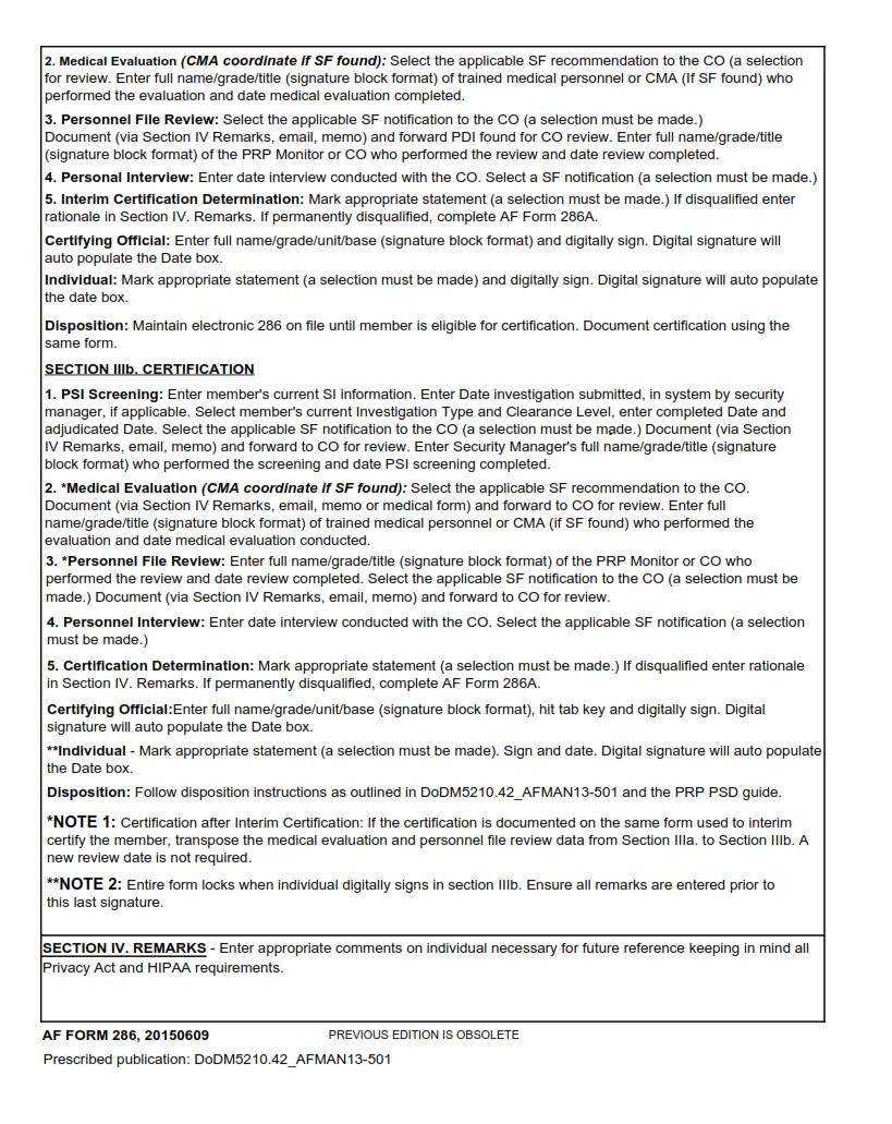 AF Form 286 - Personnel Reliability Program (PRP) Qualification or Certification Action Page 2