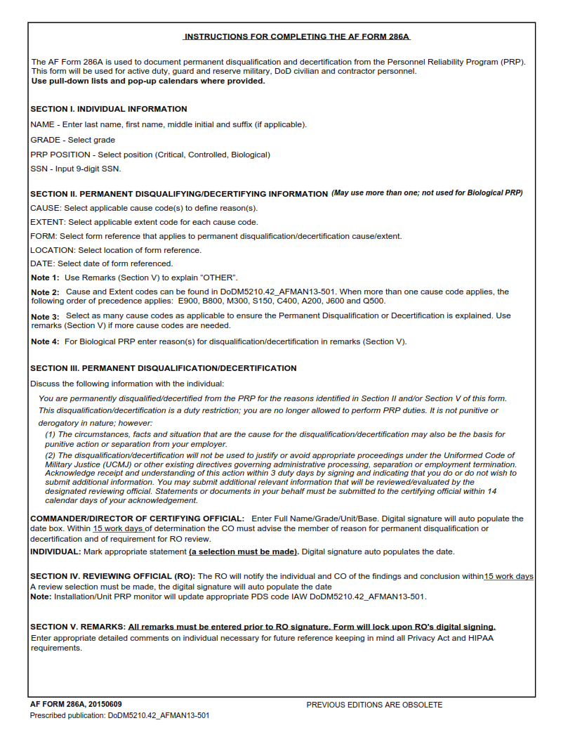AF Form 286A - Personnel Reliability Program (PRP) Permanent Disqualification Or Decertification Action Page 1