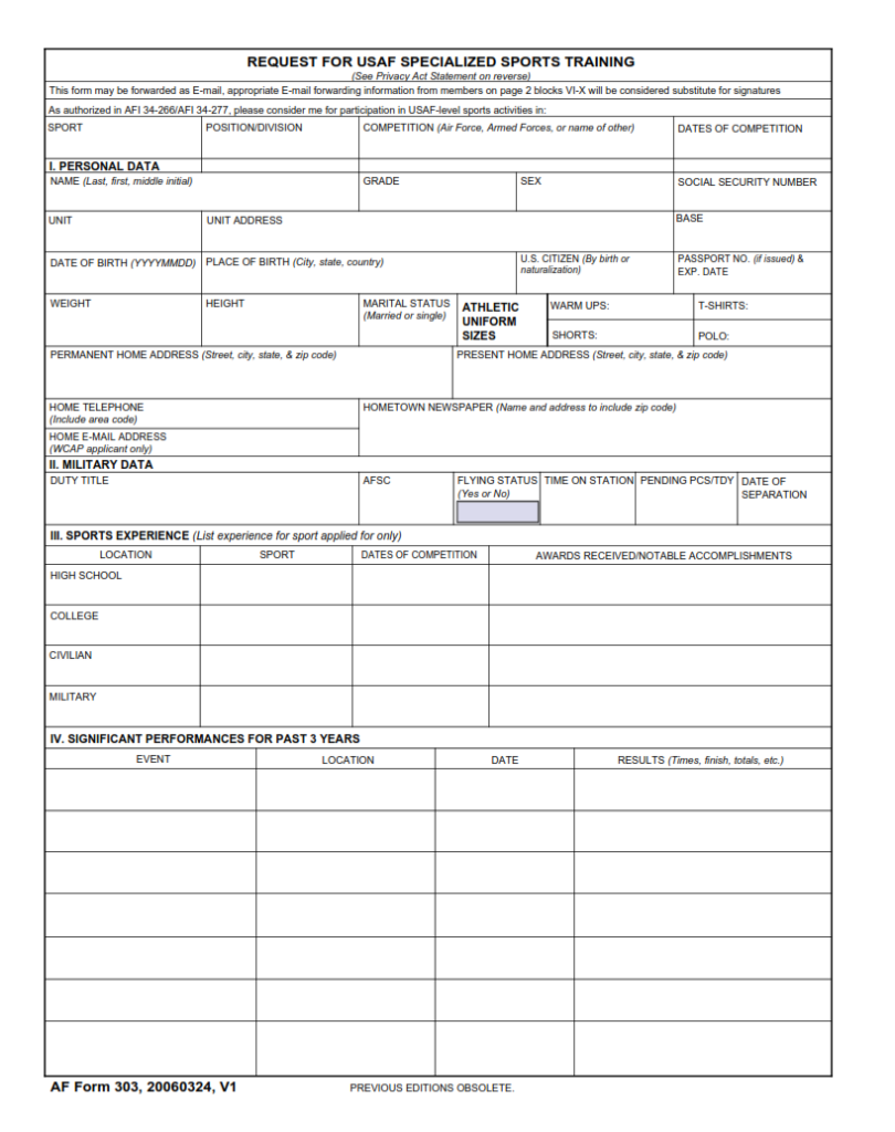 AF Form 303 – Request for USAF Specialized Sports Training | Finder Doc