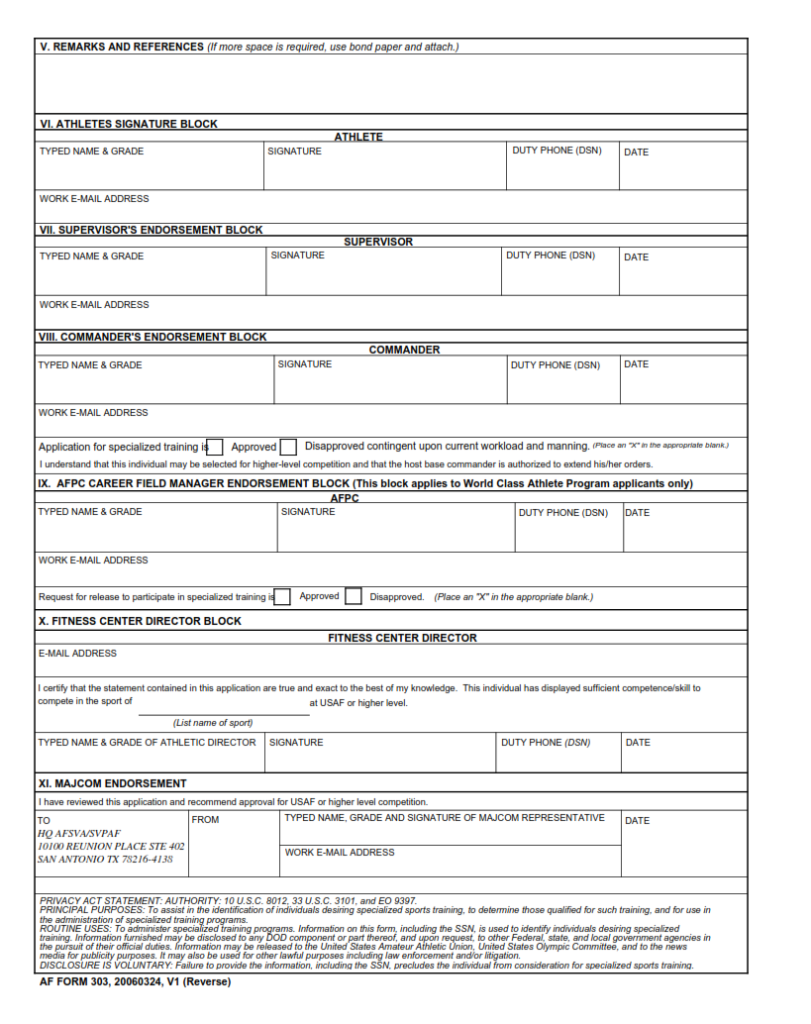 Af Form 303 Request For Usaf Specialized Sports Training Finder Doc