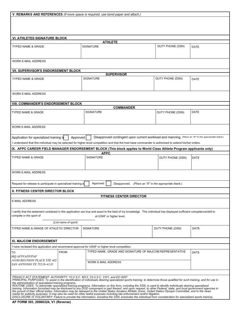 AF Form 303 - Request for USAF Specialized Sports Training Page 2