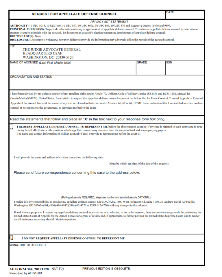 AF Form 304 – Request For Appellate Defense Counsel | Finder Doc