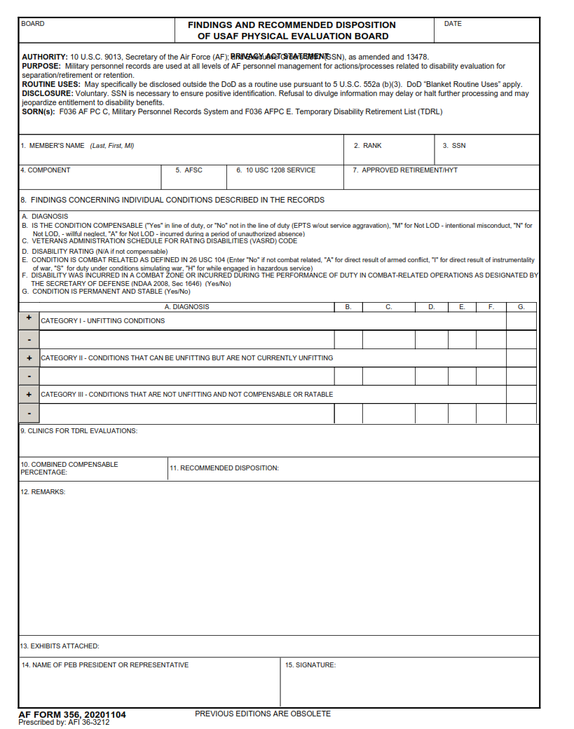 AF Form 356 - Findings And Recommended Disposition Of Usaf Physical Evaluation Board