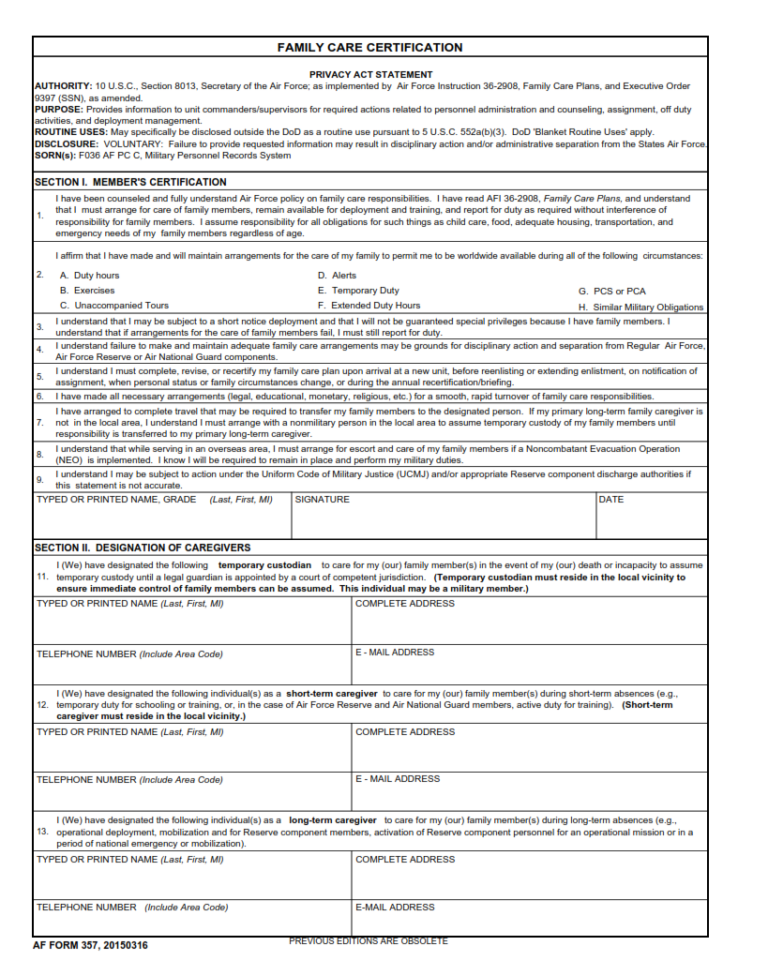 AF Form 357 – Family Care Certification | Finder Doc