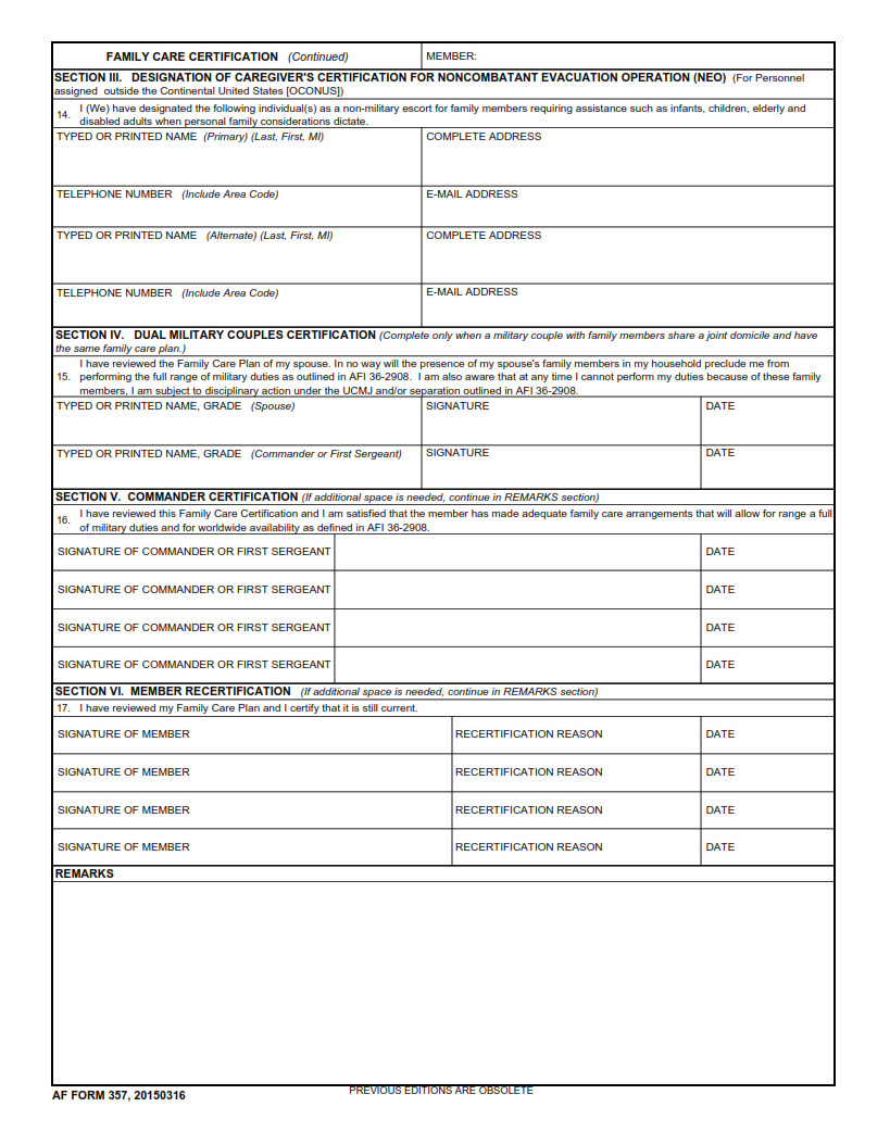 AF Form 357 - Family Care Certification Page 2