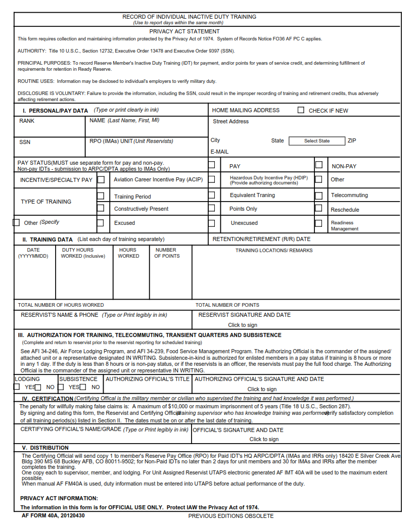 AF Form 40A - Record Of Individual Inactive Duty Training Page 1