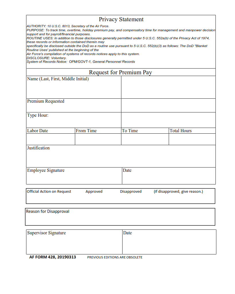 AF Form 428 - Request For Premium Pay
